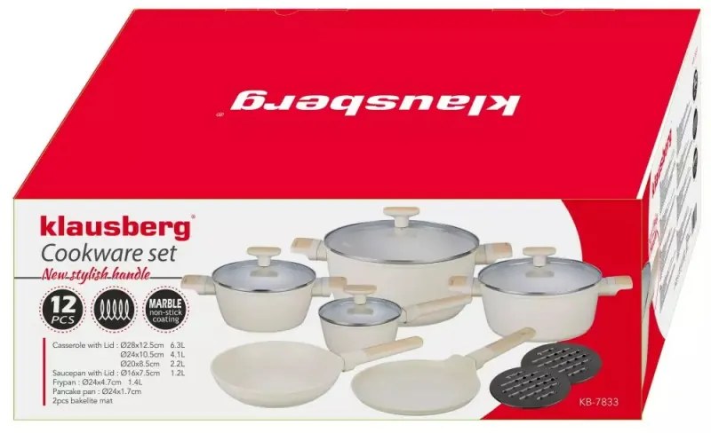 Set oale si tigai Klausberg, KB-7833, 12 piese, Acoperire antiaderenta, Inductie, Bej