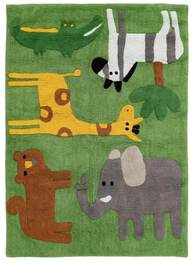 Covor pentru copii verde lavabil din bumbac 100x135 cm Animals – Ixia