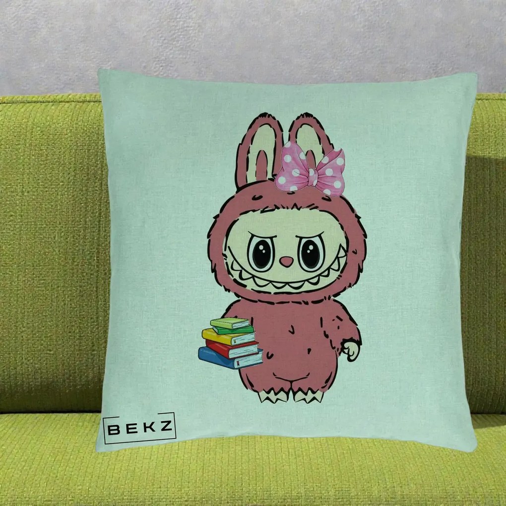 Perna Personalizata Labubu Roz cu Funda si Carti, 40x40 cm, Verde Menta, Husa Detasabila, Perna Inclusa, BEKZ®