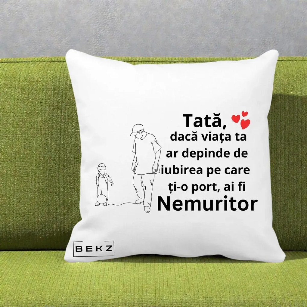 Cadou pentru Tata - Perna Personalizata Tata Nemuritor Joaca cu Mingea, 40x40 cm, Alba Mata, Husa Detasabila, Perna Inclusa, BEKZ®