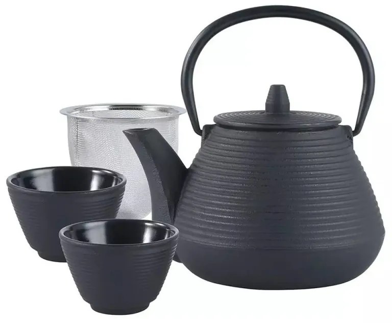 Ceainic din fonta cu 2 cani Kinghoff KH 1846, 1 L, Filtru, Inductie, Negru