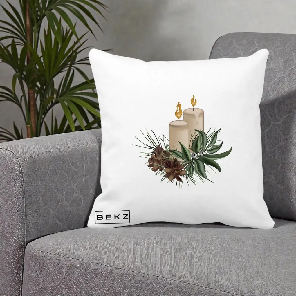 Perna Decorativa Lumanari cu Ilex si Conuri Ilustratie, 40x40 cm, Alba Mata, Husa Detasabila, Perna Inclusa, BEKZ®