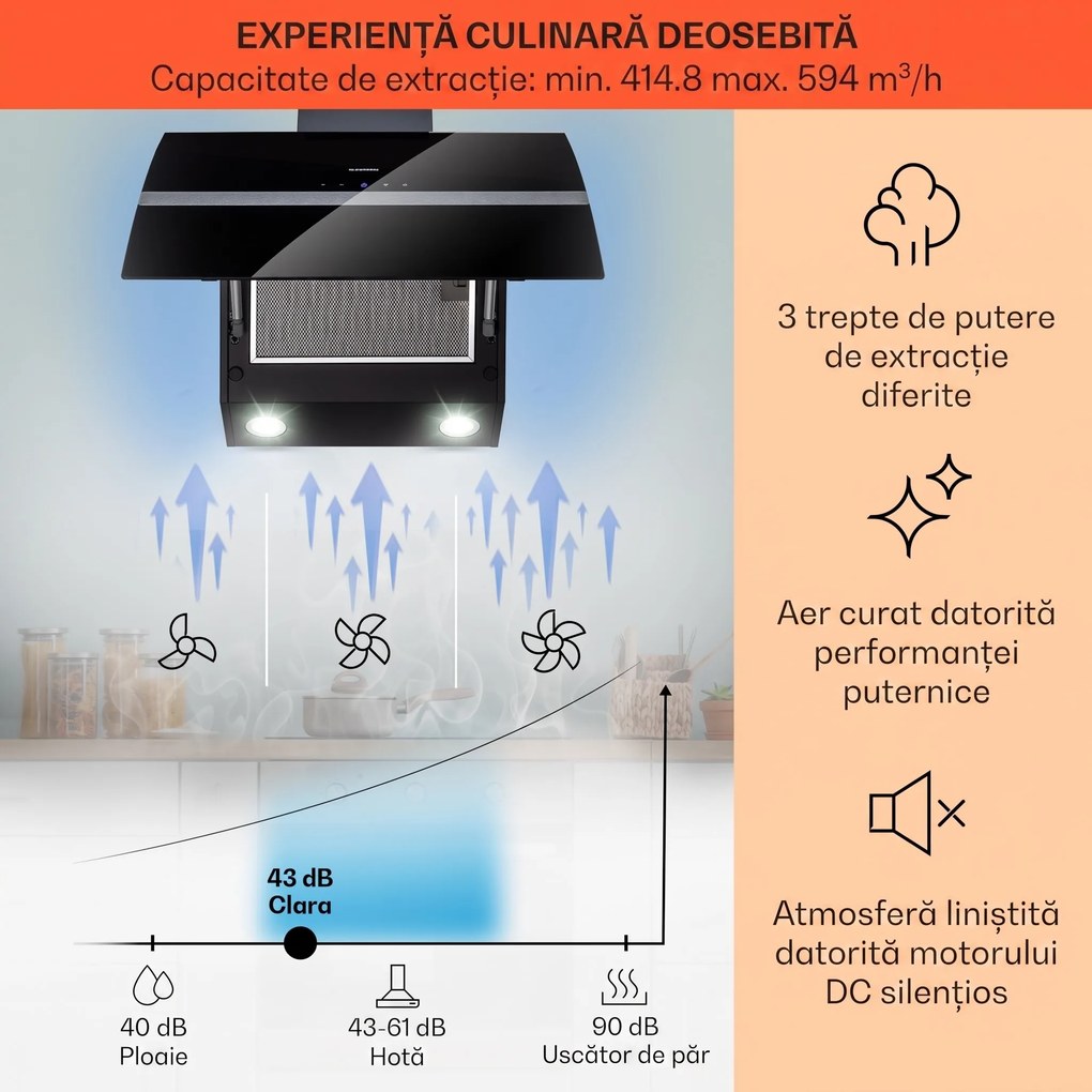 Klarstein Clara 60, hotă, 591 m³/h, ecran tactil, iluminare ambientală
