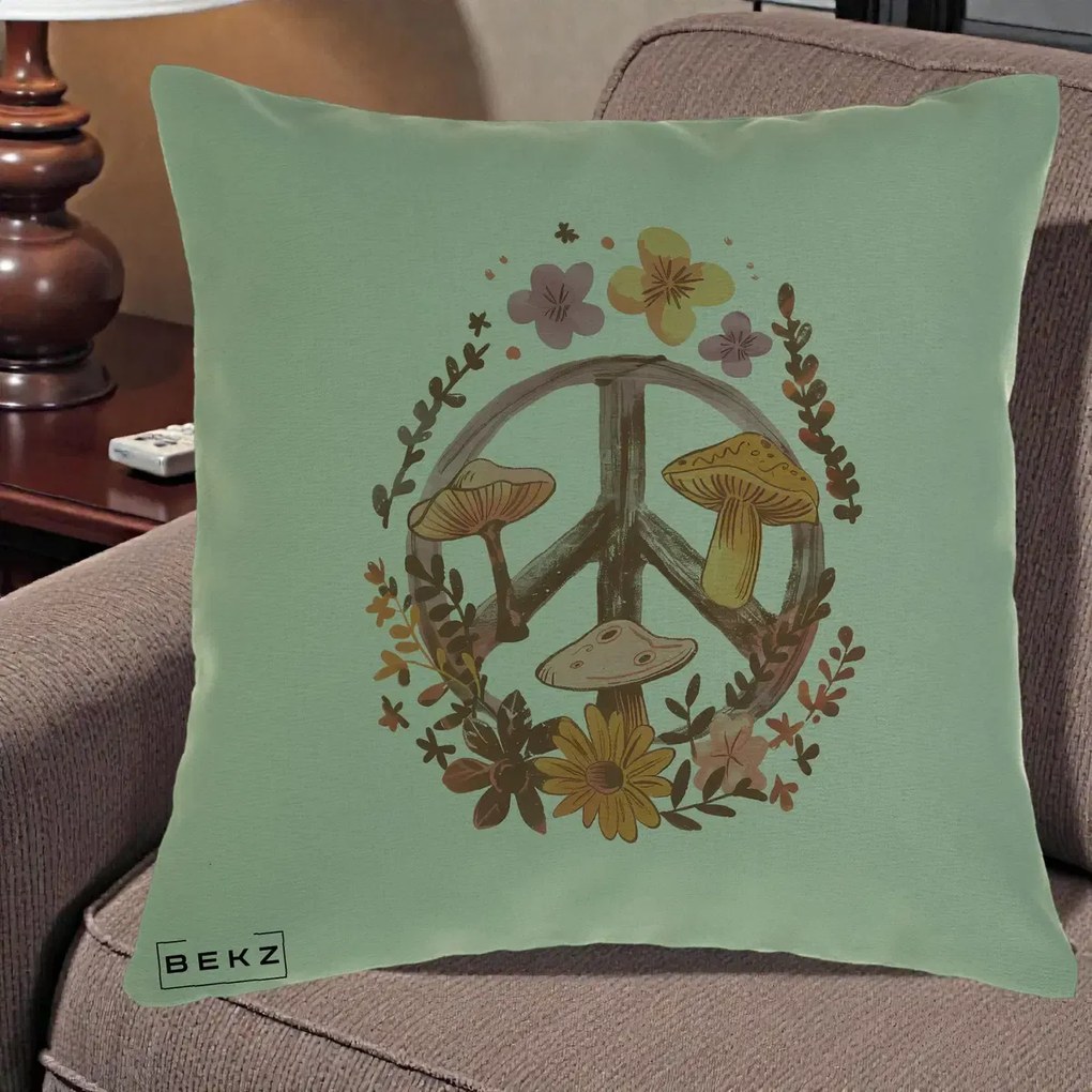 Perna Decorativa Peace Sign Ciuperci Floral, 40x40 cm, Verde, Husa Detasabila, Perna Inclusa, BEKZ®