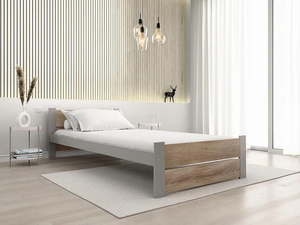 Pat de o persoana IKAROS DOUBLE 90 x 200 cm, stejar sonoma/gri Saltele: Cu saltele Coco Maxi 20 cm, Somiera pat: Cu lamele curbate