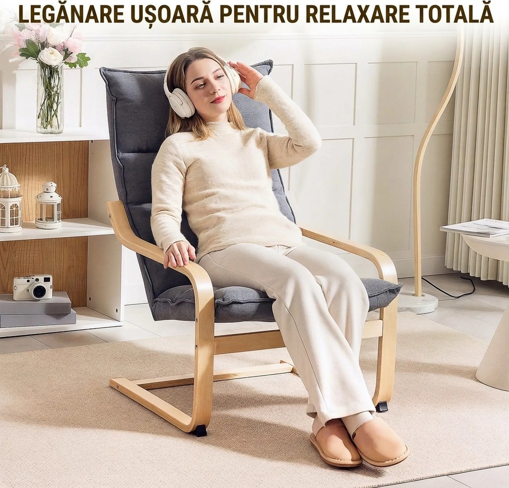 HOMCOM Fotoliu Balansoar Modern cu Brațe din Lemn și Perne Groase din Catifea, 67x83x105 cm, Gri | Aosom Romania