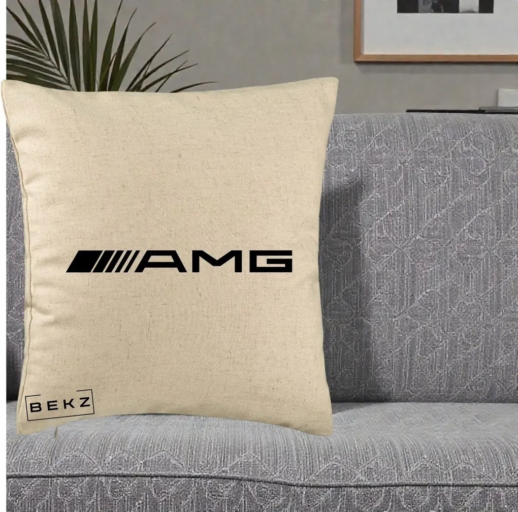 Perna Personalizata cu emblema Mercedes-AMG, 40x40 cm, Bej, Husa Detasabila, Perna Inclusa, BEKZ®