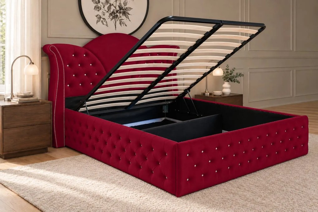 Pat tapițat Chesterfield din catifea Velora Deluxe 180×200 cm, vișiniu, cu ladă de depozitare