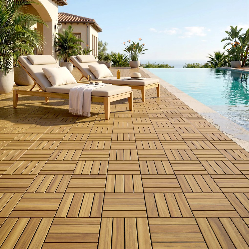 Outsunny Plăci pentru terasă 31x31cm 10 buc. / 0,91m² Plăci cu sistem click din lemn de acacia pentru terasă și balcon, lemn natural | Aosom Romania