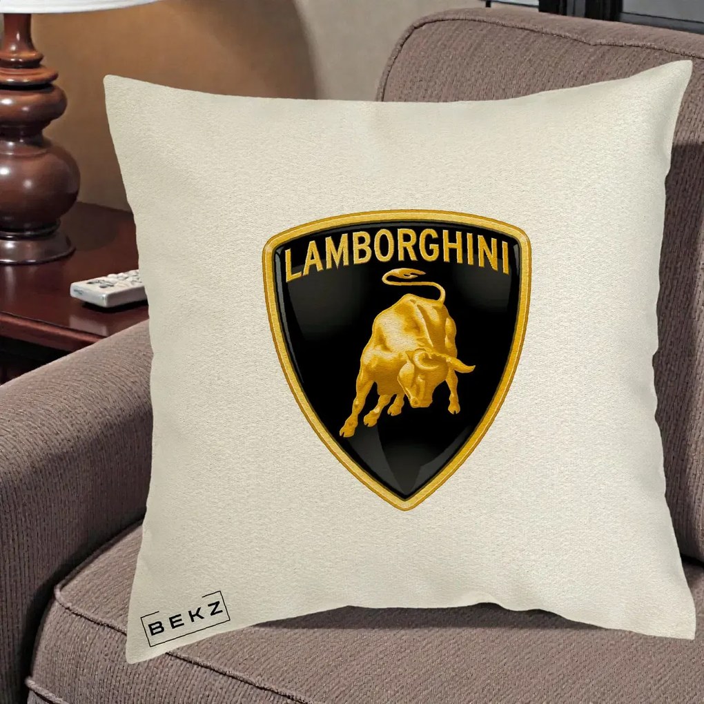 Perna Personalizata cu emblema Lamborghini, 40x40 cm, Ecru, Husa Detasabila, Perna Inclusa, BEKZ®
