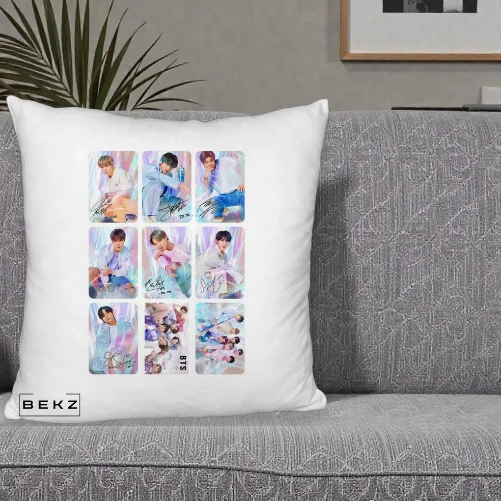 Perna Personalizata K-pop BTS Colaj 9 Fotografii Autografe Individual, 40x40 cm, Alb Pufos, Husa Detasabila, Perna Inclusa, BEKZ®