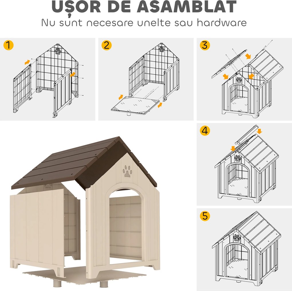 PawHut Căsuță pentru câini de talie medie și mare, ridicată, cu acoperiș înclinat, guri de aerisire și cuie, căsuță din PP, 88x78x89 cm, Bej și Maro Închis | Aosom Romania