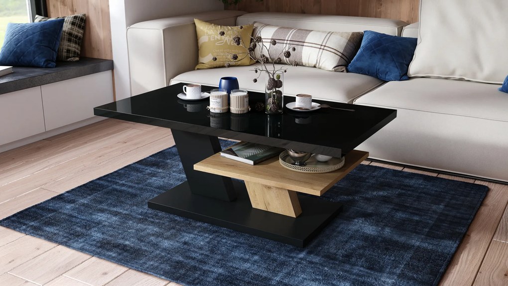 Mazzoni CLIFF Negru Luciu/Stejar Craft Auriu - MĂSUȚĂ DE CAFEA MODERNĂ