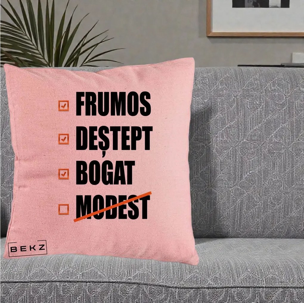 Perna Decorativa Frumos Destept Bogat, 40x40 cm, Roz, Husa Detasabila, Perna Inclusa, BEKZ®