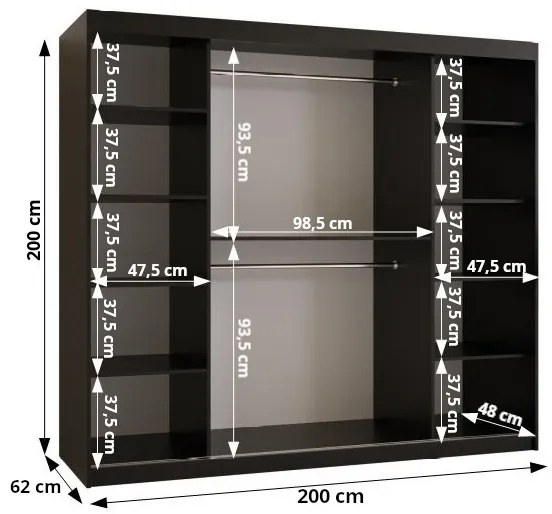 Dulap de haine Riven 2 200 (alb mat + negru mat) (cu oglindă). 1064182