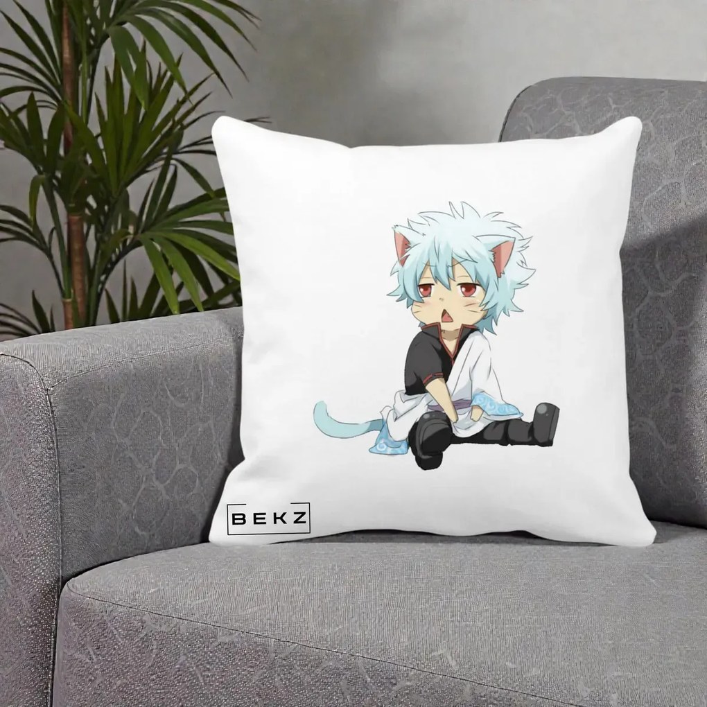 Perna Personalizata Gintama Gintoki Chibi Pisica, 40x40 cm, Alba Mata, Husa Detasabila, Perna Inclusa, BEKZ®