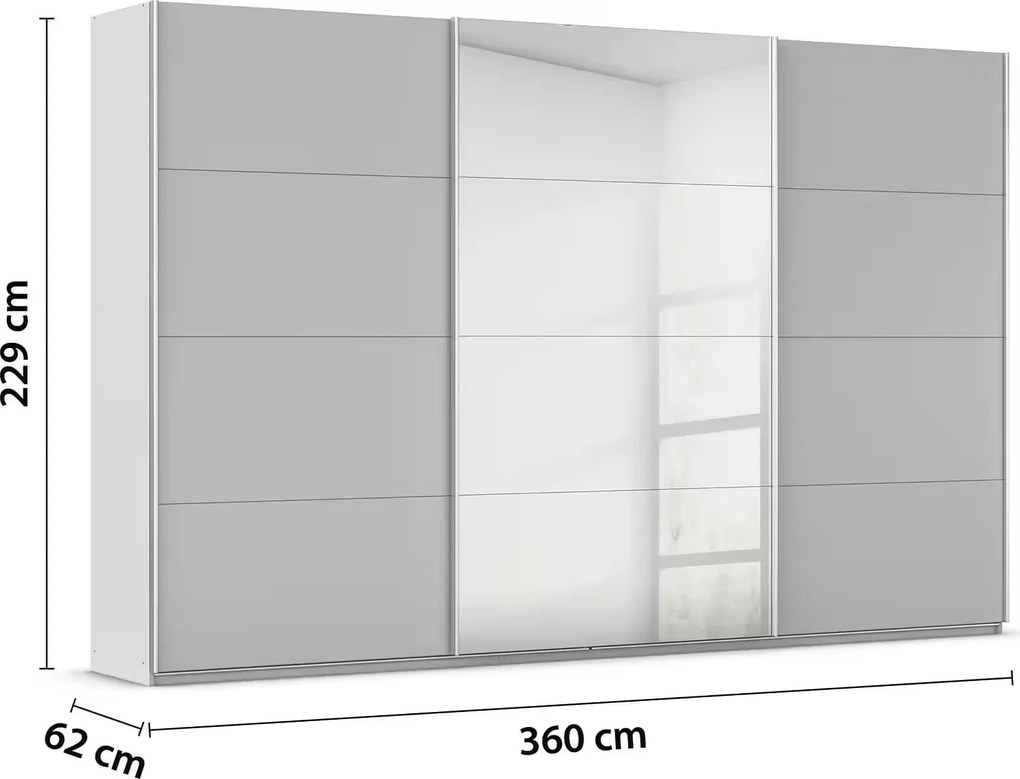 Dressing 360 cm lungime, 3 uși glisante, oglindă pe mijloc, culoare gri mătase, compartimentare premium, 229 cm înălțime