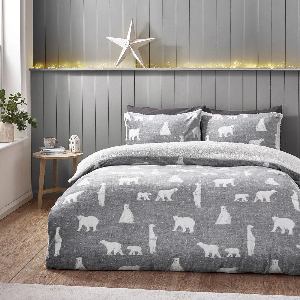Lenjerie de pat gri din sherpa pentru pat de o persoană 135x200 cm Cosy Polar Bear – Catherine Lansfield