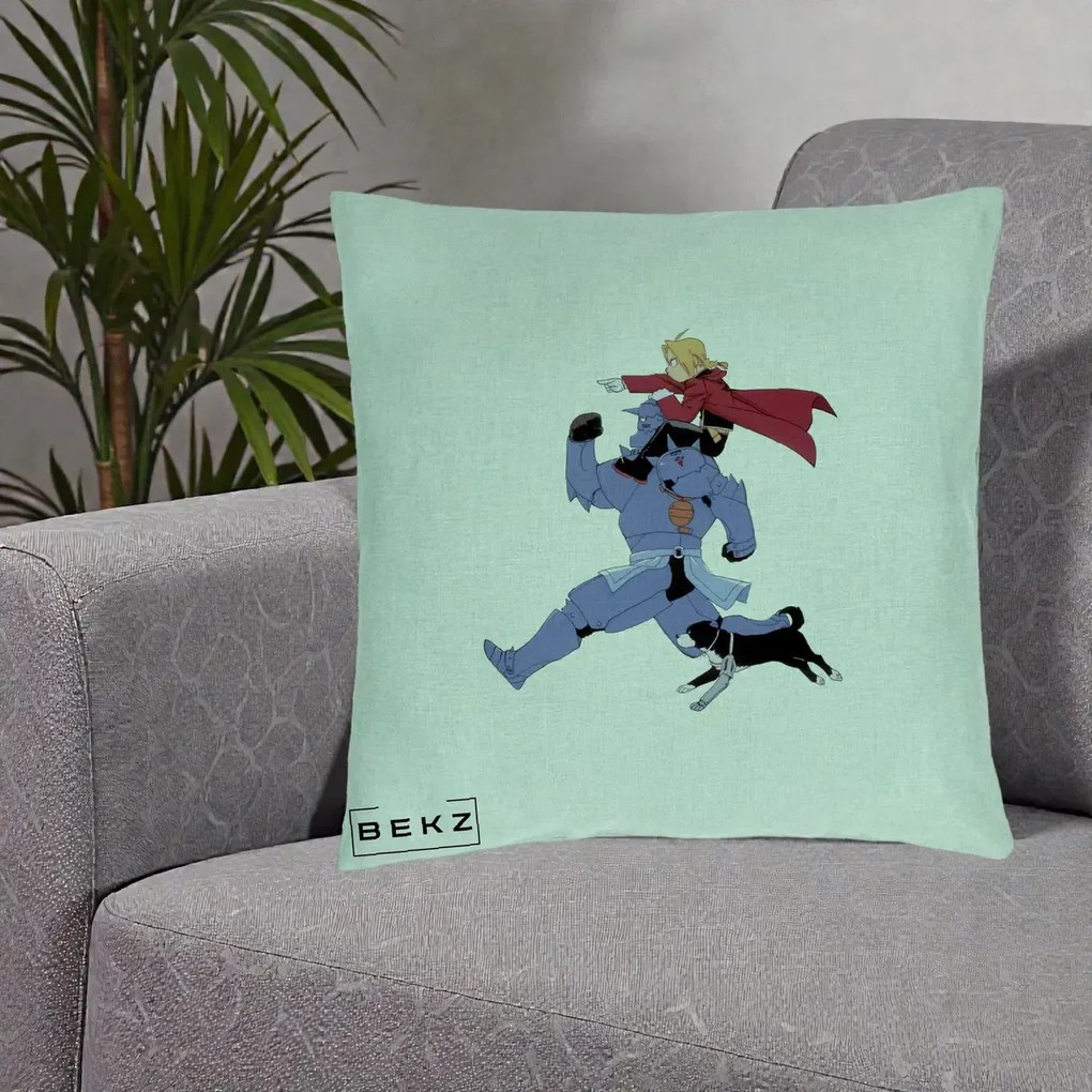 Perna Personalizata Fullmetal Alchemist Edward si Alphonse, 40x40 cm, Verde Menta, Husa Detasabila, Perna Inclusa, BEKZ®