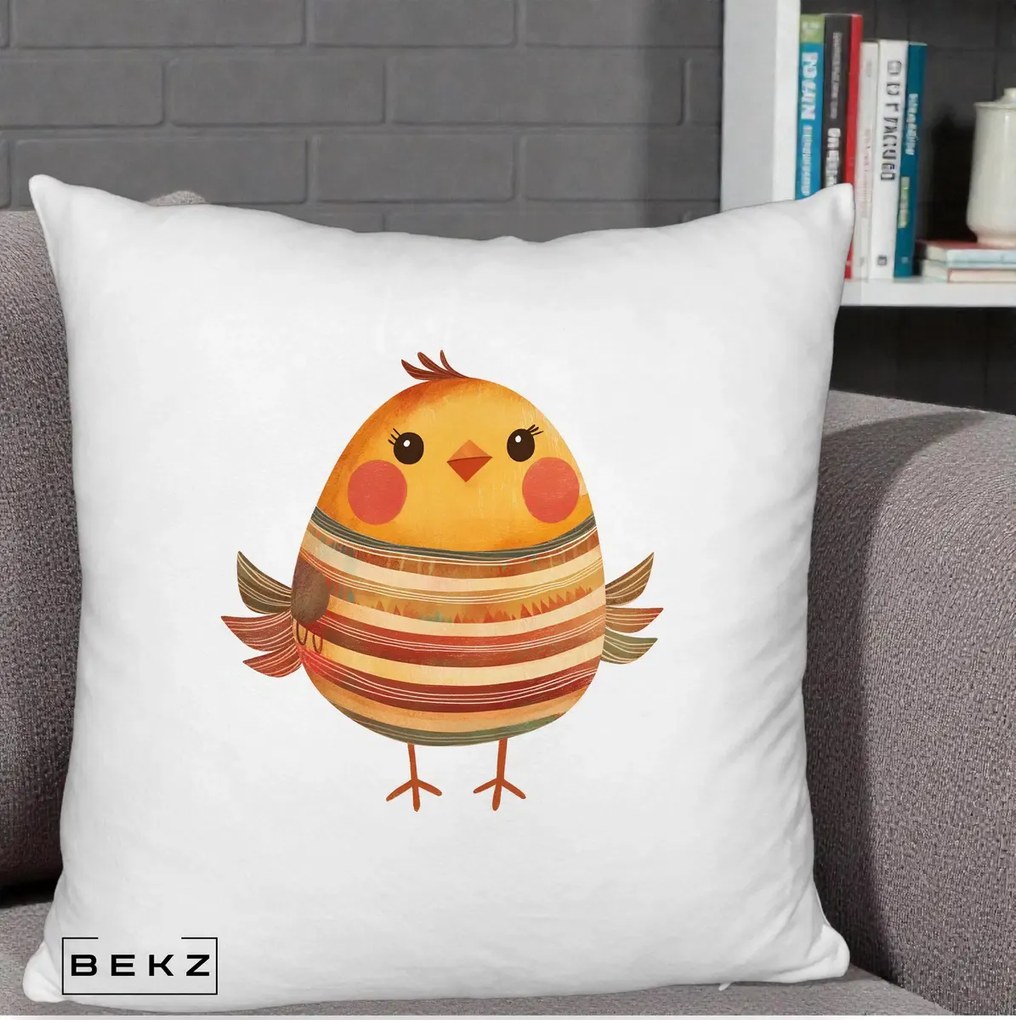 Perna Decorativa Pui Kawaii Portocaliu Dungi Calde, 40x40 cm, Alb Pufos, Husa Detasabila, Perna Inclusa, BEKZ®