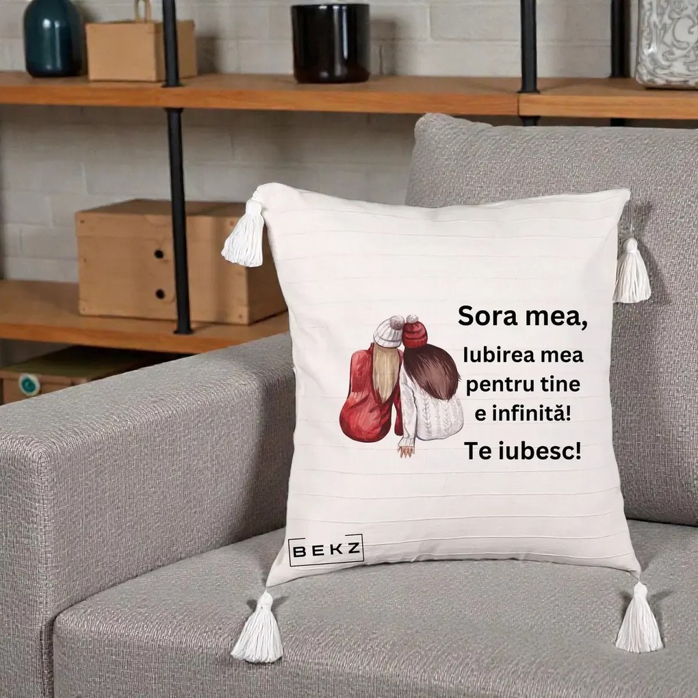 Cadou pentru Sora - Perna Personalizata Sora Mea Te Iubesc Doua Fete Iarna Acuarela, 40x40 cm, Bej cu Franjuri, Husa Detasabila, Perna Inclusa, BEKZ®