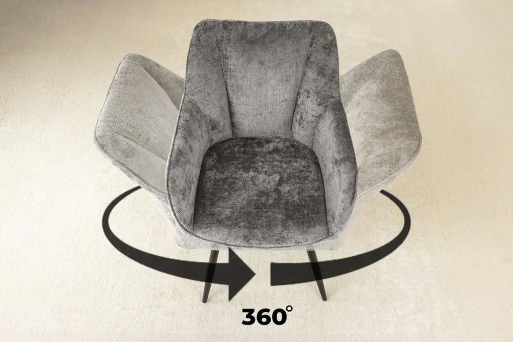 Set de 2 scaune pivotante, Metal Negru, Chenille Gri, AVIGNON A-46469 VC