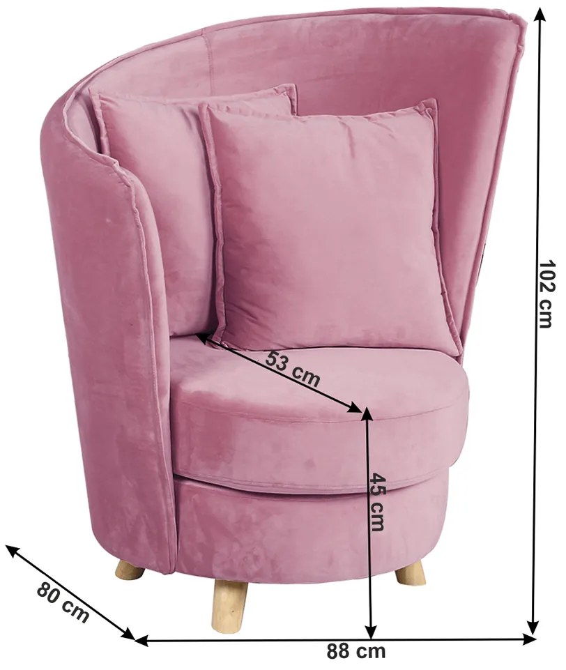 Fotoliu în stil Art Deco, catifea Velvet roz/stejar, ROUND