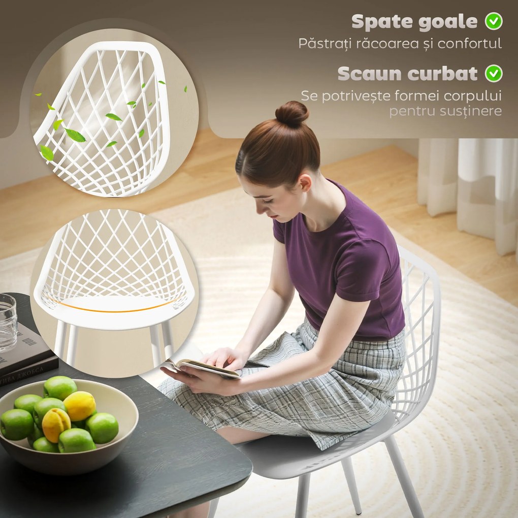 HOMCOM Set 4 Scaune Moderne cu Spătar Perforat din Plastic și Metal Alb | Aosom Romania