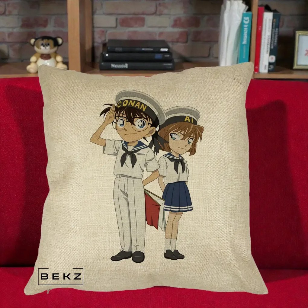 Perna Personalizata Detective Conan Conan si Ai Sailor, 40x40 cm, Crem, Husa Detasabila, Perna Inclusa, BEKZ®
