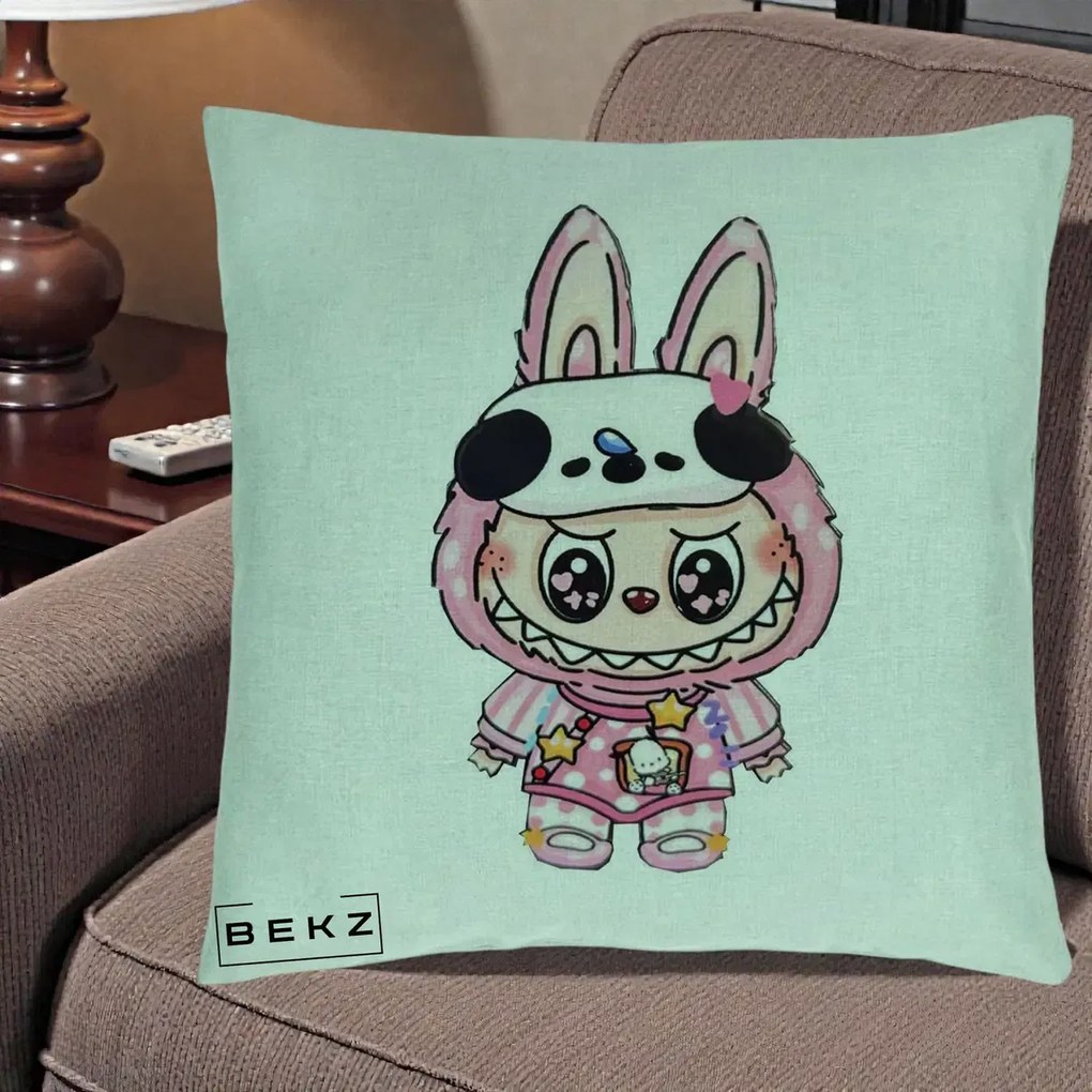 Perna Personalizata Labubu Panda-Bunny Roz, 40x40 cm, Verde Menta, Husa Detasabila, Perna Inclusa, BEKZ®