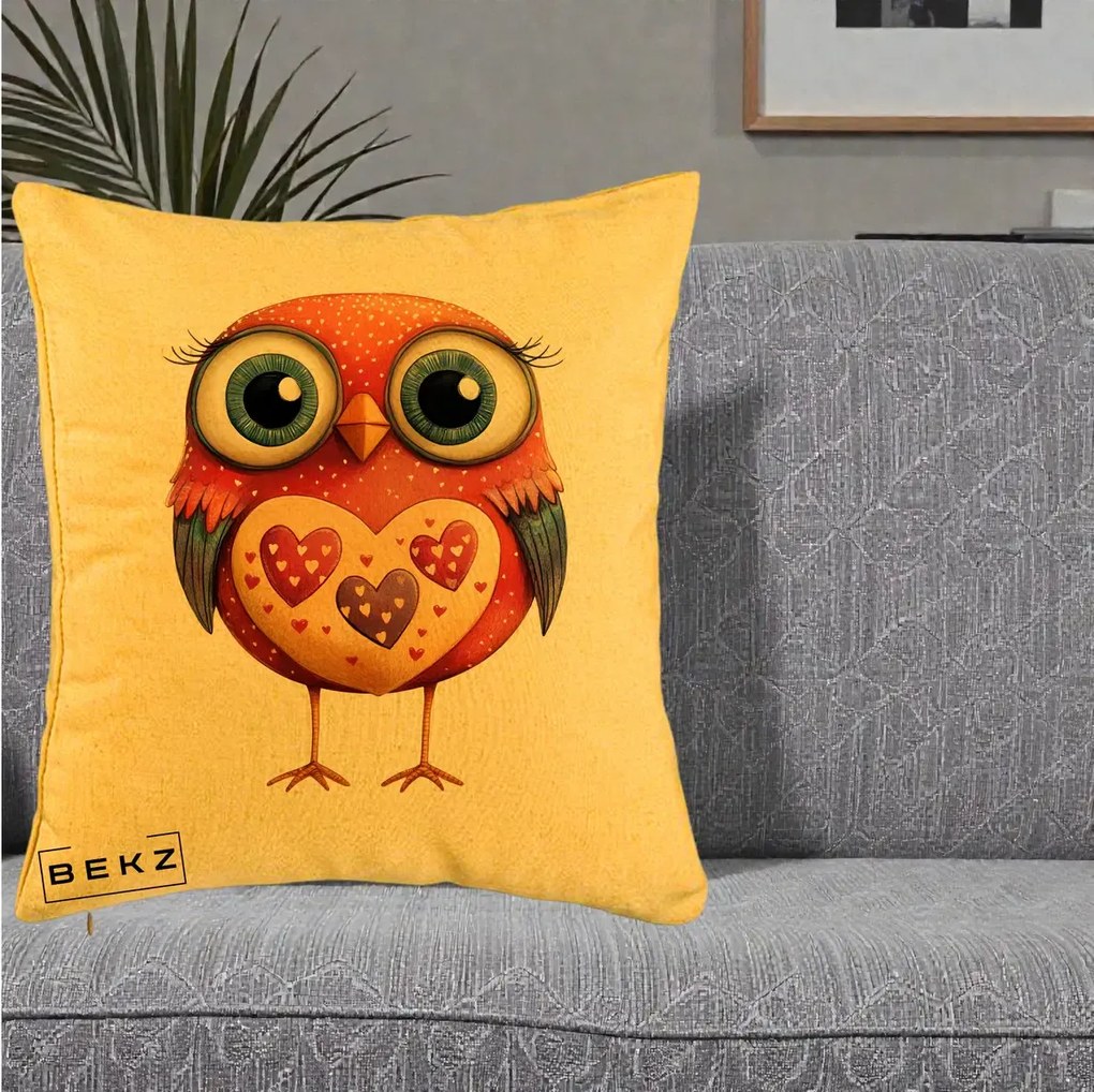 Perna Decorativa Bufnita Rosie cu Inimi Aurii, 40x40 cm, Galben, Husa Detasabila, Perna Inclusa, BEKZ®