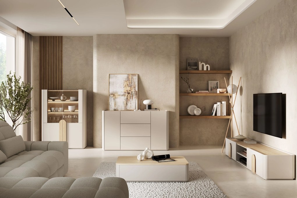 Comodă TV Amilio 220 cm cu sertar - cashmere / stejar uleiat / mânere stejar deschis