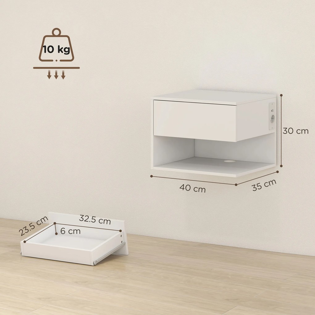 HOMCOM Set Noptiere Suspendate cu Sertar și Raft, Noptiere Moderne pentru Canapea, 40 x 35 x 30 cm, Alb | Aosom Romania
