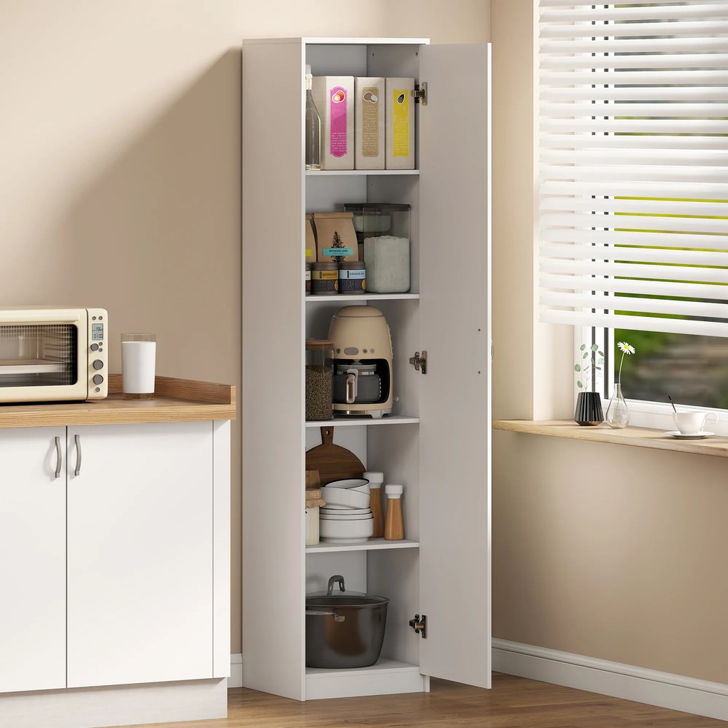 HOMCOM Dulap de Bucătărie Înalt Slim 180 cm, Mobilier cu 5 Rafturi și Ușă Soft Close, Anti-Răsturnare, Rafturi Reglabile, Mobilier Modern pentru Bucătărie, Alb | Aosom Romania