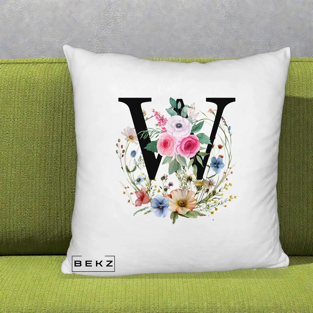 Cadou Personalizat - Perna Personalizata Monograma Florala Litera W, 40x40 cm, Alb Pufos, Husa Detasabila, Perna Inclusa, BEKZ®