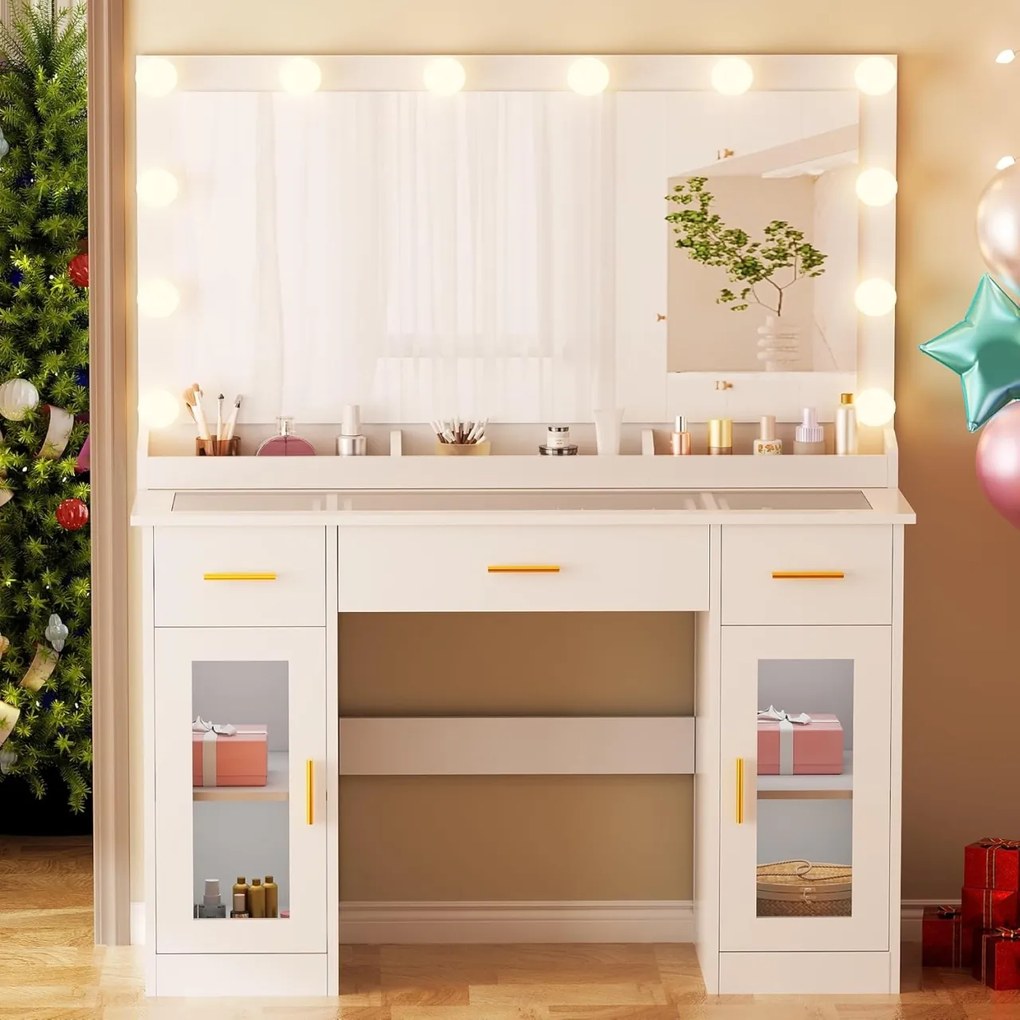 Masuta machiaj cu Oglinda LED si 3 Sertare pentru Cosmetice, Set Masa toaleta 110 cm, Alb, masuta cosmetica, vanity - SEA2