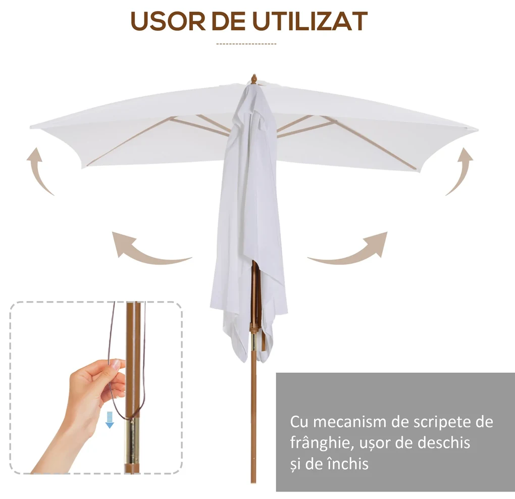 Outsunny Umbrelă de Grădină 2x3m Parasolar Impermeabil din Lemn Lacuit cu Copertină Detașabilă Alb | Aosom Romania