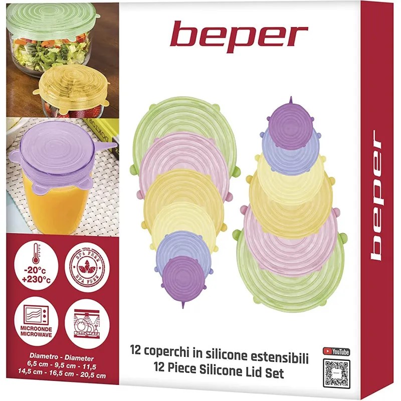 Set capace din silicon Beper C102COC101, 6.5/9.5/11.5/14.5/16.5/20.5 cm, Rezistente la temperaturi -20C-230°C, Fara BPA, Multicolor