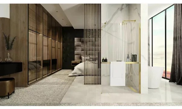 Paravan de dus tip Walk-in Rea Aero N 110x195 cm si etajera cu suport auriu