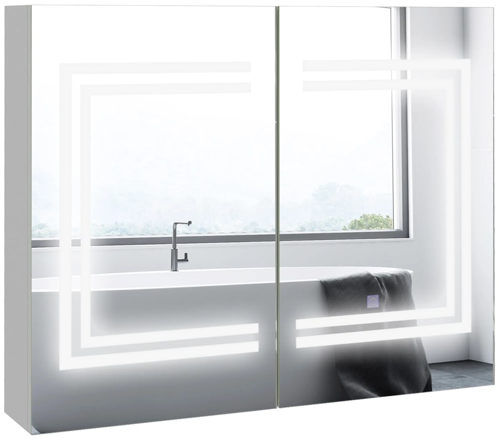 kleankin Mobilier de Baie cu Oglindă Rafturi Reglabile Comutator Tactil și Culoare a Luminii Reglabilă 80x15x65 cm Alb Lucios | Aosom Romania