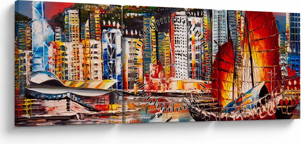 Tablou - Victoria Harbour, Hong Kong, pictură în ulei (cu ceas) (90x30 cm)