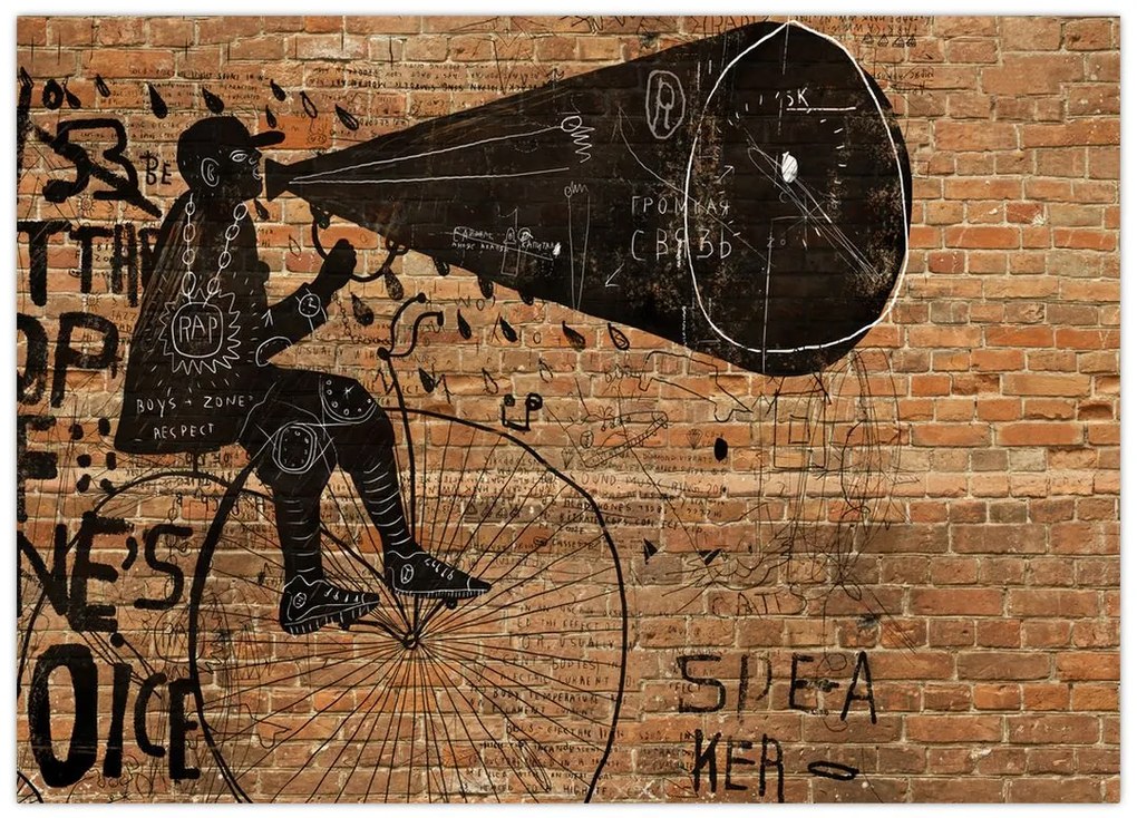 Tablou pe sticlă - Barbat cu biciclete stil Bansky (70x50 cm)