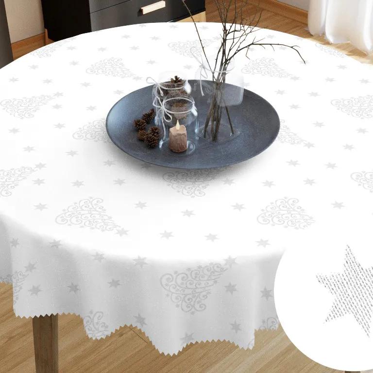 Goldea față de masă teflonată - model 1104 de crăciun - brazi și steluțe argintii pe alb - rotundă Ø 120 cm