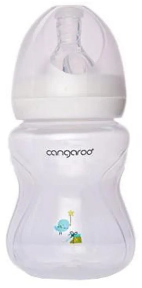 Biberon cu capac Cangaroo™ Birdy Blu, 0 luni+, 180 ml, 6 masuri, sistem anti colici, tetina lapte, Albastru