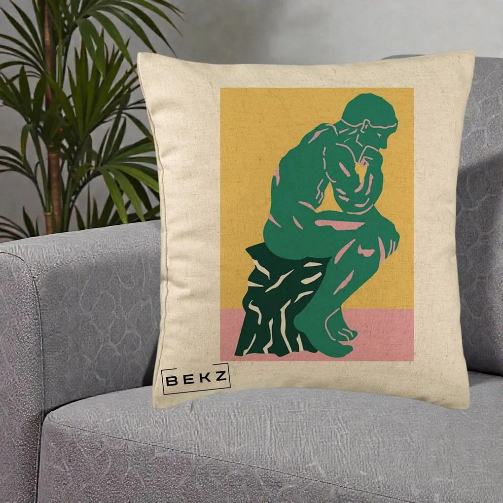 Perna Decorativa Ganditorul Sculptura Pop Art, 40x40 cm, Bej, Husa Detasabila, Perna Inclusa, BEKZ®