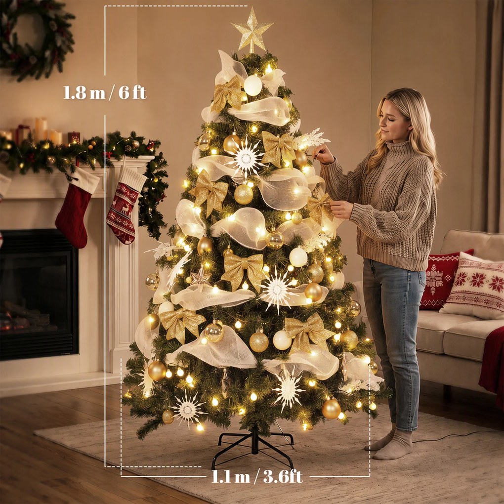 HOMCOM Brad de Crăciun 180 cm cu 200 LED-uri Alb Cald, 8 Moduri, 800 Crenguțe Ignifuge, Globuri, Panglici și Funde | Aosom Romania