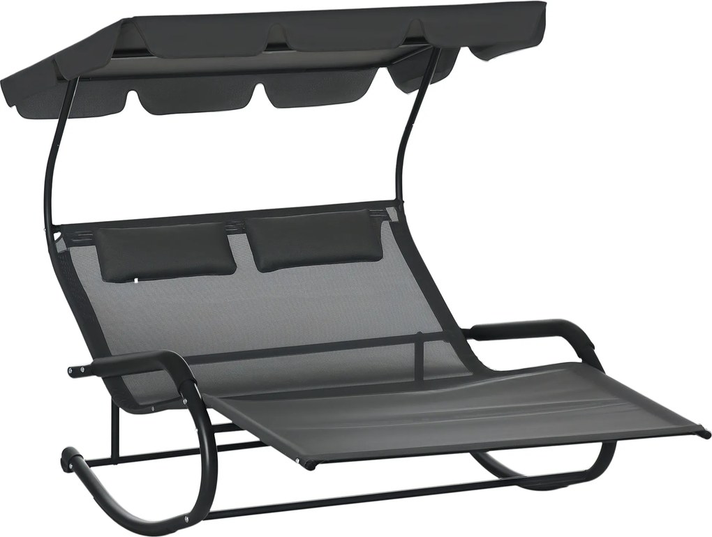 Outsunny Șezlong dublu pentru 2 persoane, incl. perne și baldachin, 200 cm x 139 cm x 140 cm, Gri închis | Aosom Romania
