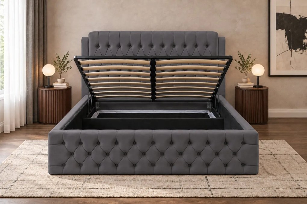 Pat tapițat din catifea Aveline 140×200 cm, gri închis, cu ladă de depozitare
