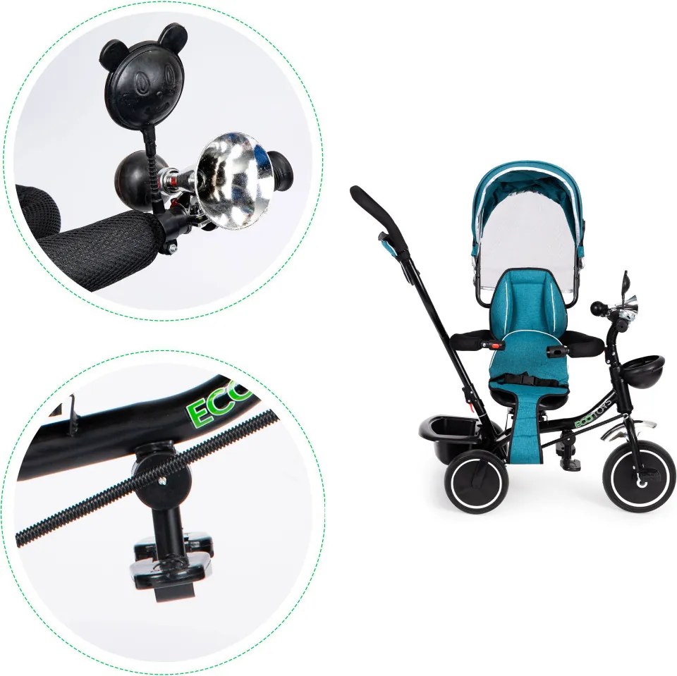 Triciclu triciclu trei roți scaun pivotant copertină verde-albastru