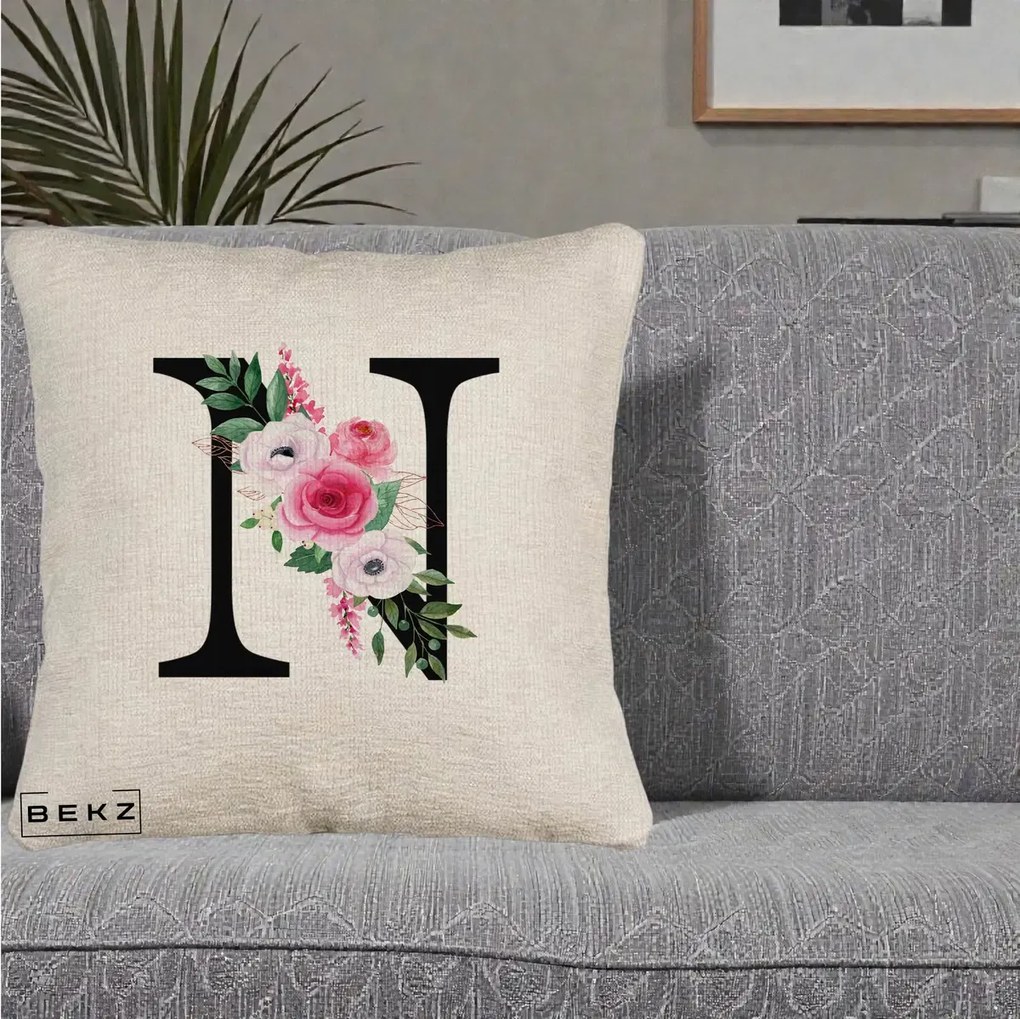Cadou Personalizat - Perna Personalizata Monograma Florala Litera N, 40x40 cm, Bej Canapea, Husa Detasabila, Perna Inclusa, BEKZ®